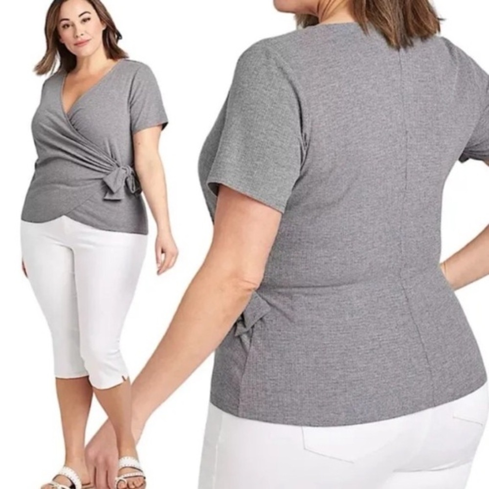 LANE BRYANT Gray Crossover Short Sleeve Wrap Blouse‎ w/Tie Front NWT